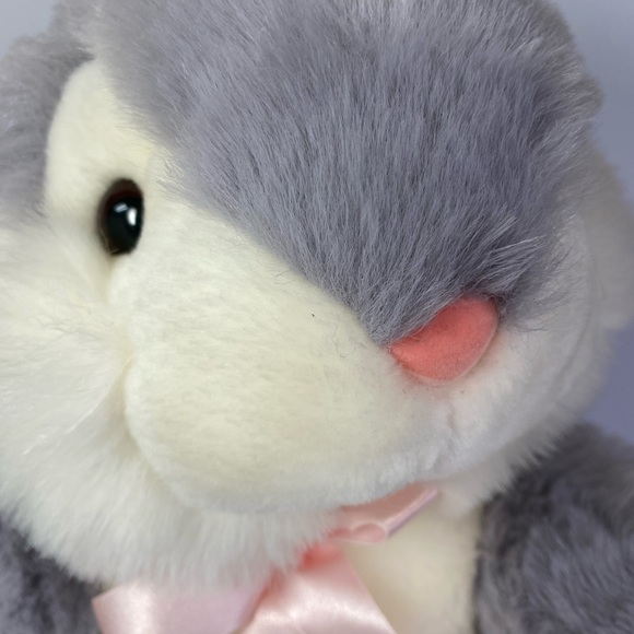 Grey and White Easter bunny rabbit. Plush with pink bow. - Picture 2 of 10